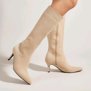 Beige Knee-High Pointed Toe Kitten Heel Boots